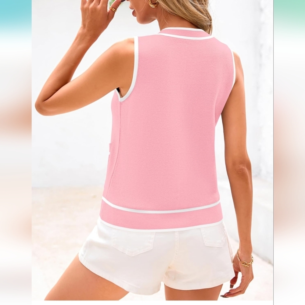 PRETTYGARDEN Pink &WhiteVest Casual Button Down NWT Size L - Picture 4 of 11